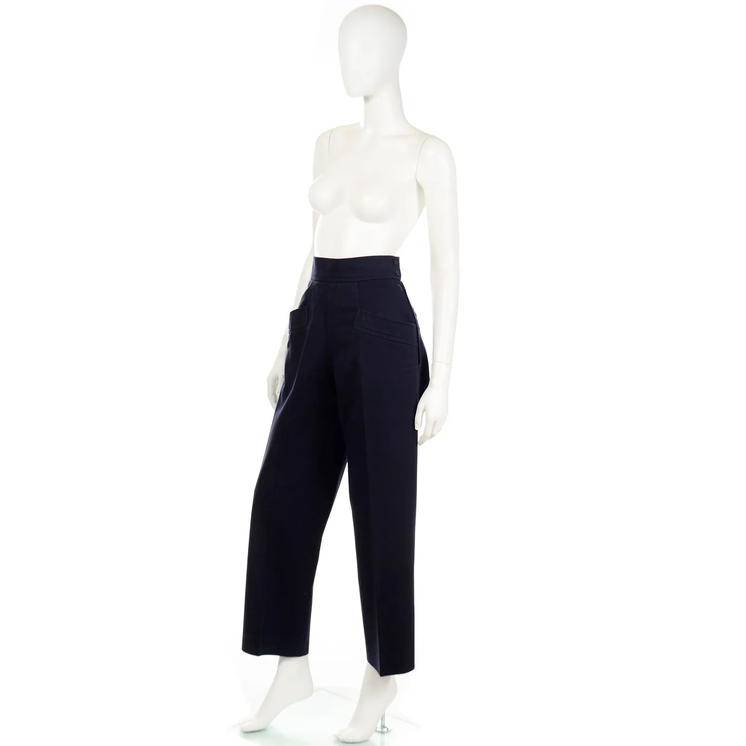 1980s Yves Saint Laurent Pants YSL Navy Blue High Waist Trousers