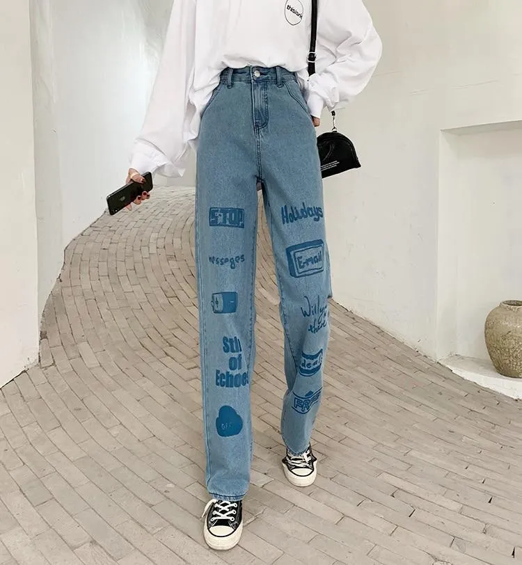 3d Letter Print Jeans