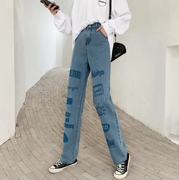 3d Letter Print Jeans