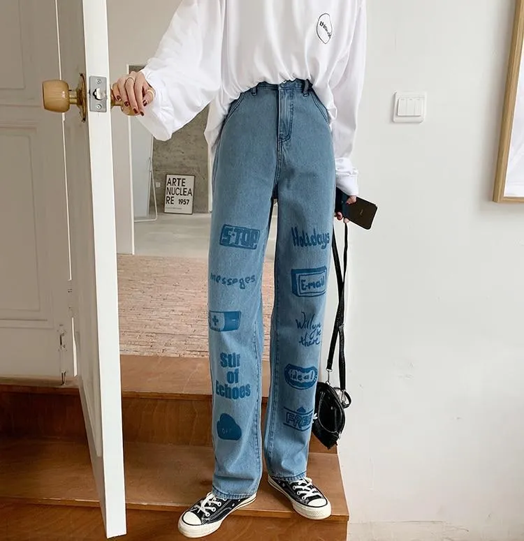 3d Letter Print Jeans