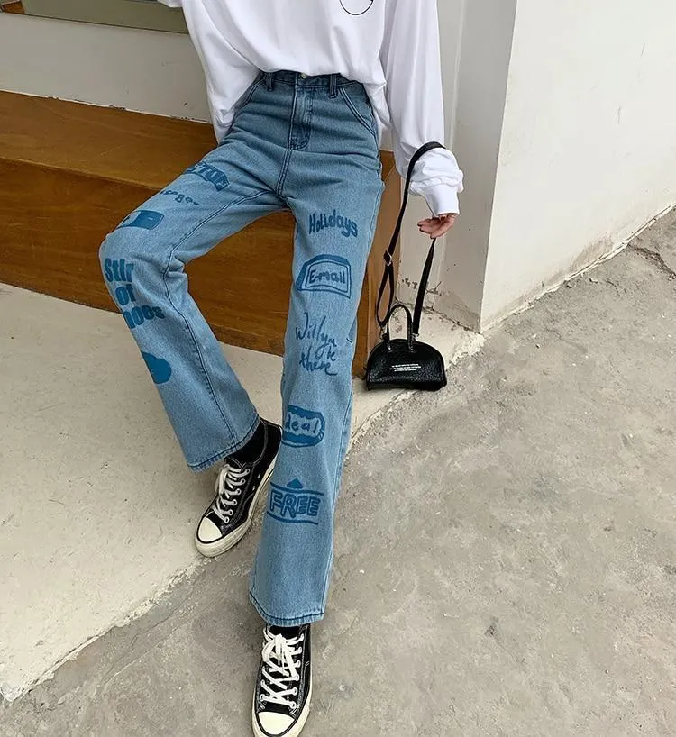 3d Letter Print Jeans