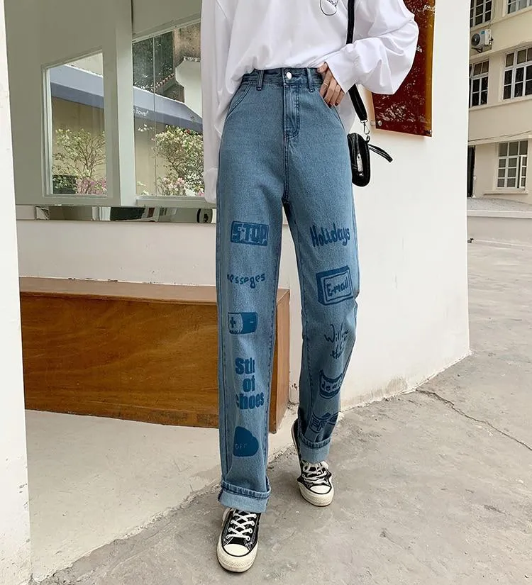 3d Letter Print Jeans