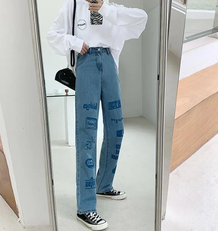 3d Letter Print Jeans