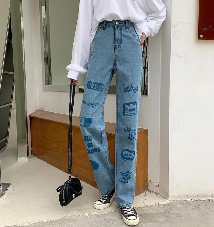 3d Letter Print Jeans