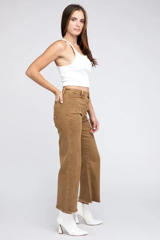 Acid Wash Frayed Cutoff Hem Straight Wide Pants -online exclusive