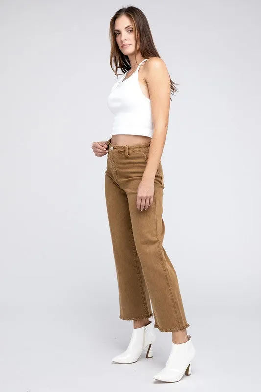 Acid Wash Frayed Cutoff Hem Straight Wide Pants -online exclusive