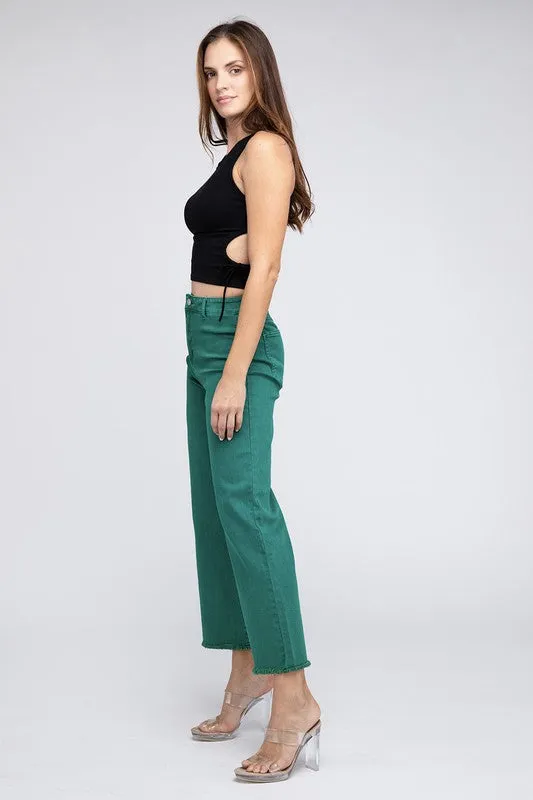 Acid Wash Frayed Cutoff Hem Straight Wide Pants -online exclusive