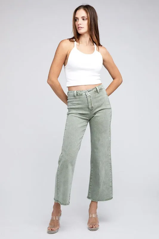 Acid Wash Frayed Cutoff Hem Straight Wide Pants -online exclusive