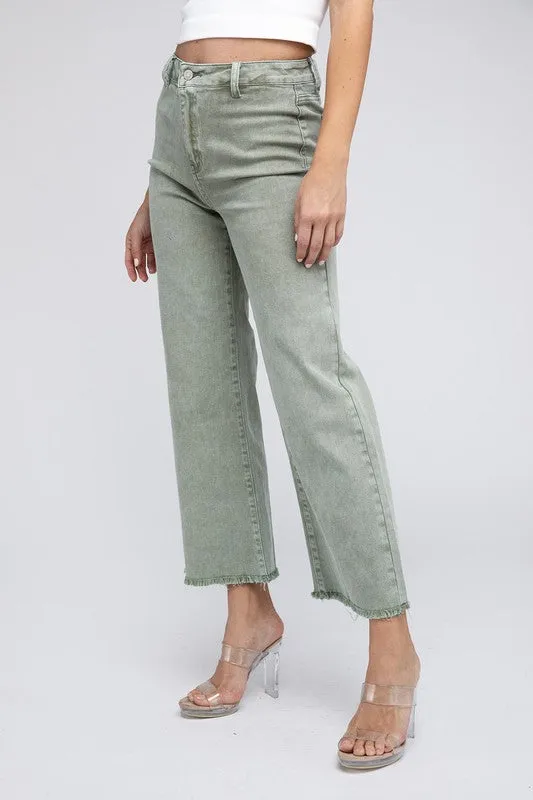 Acid Wash Frayed Cutoff Hem Straight Wide Pants -online exclusive