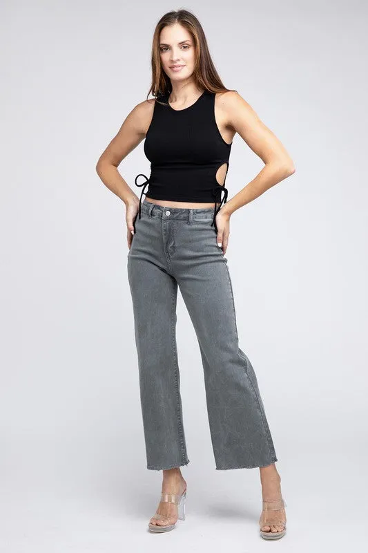 Acid Wash Frayed Cutoff Hem Straight Wide Pants -online exclusive