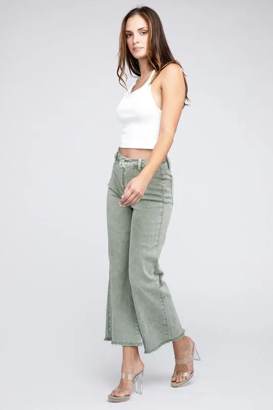 Acid Wash Frayed Cutoff Hem Straight Wide Pants -online exclusive