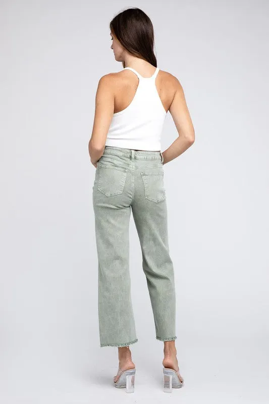 Acid Wash Frayed Cutoff Hem Straight Wide Pants -online exclusive