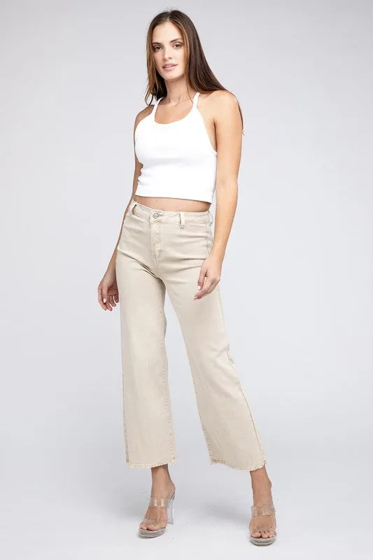 Acid Wash Frayed Cutoff Hem Straight Wide Pants -online exclusive