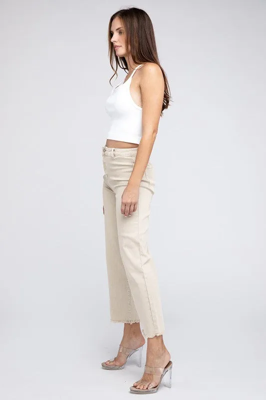 Acid Wash Frayed Cutoff Hem Straight Wide Pants -online exclusive