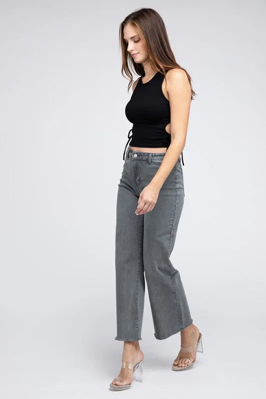 Acid Wash Frayed Cutoff Hem Straight Wide Pants -online exclusive