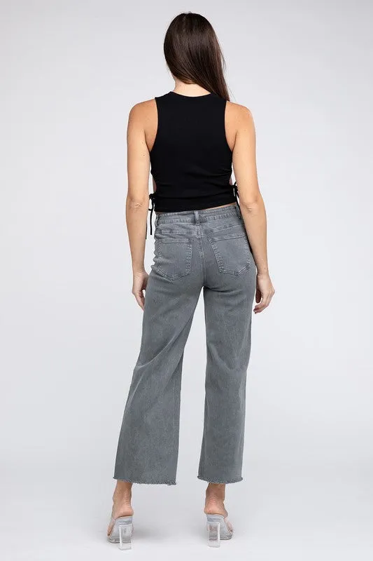 Acid Wash Frayed Cutoff Hem Straight Wide Pants -online exclusive