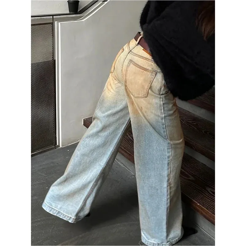 Aiertu Women's Y2K Harajuku High Waist Vintage Loose Jeans Pants American Retro Streetwear Wide Leg Baggy Tie Dye Denim Trouser