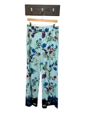 Alice & Olivia Size 8 Aqua & Multi Polyester Blend High Waist Botanical Pants