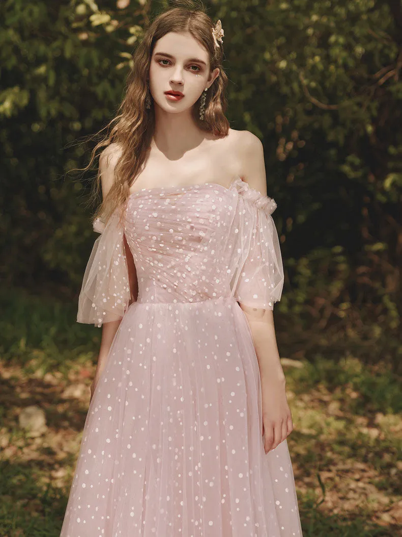 Aline Pink Tulle Long Prom Dresses, Pink Off Shoulder Formal Graduation Dresses