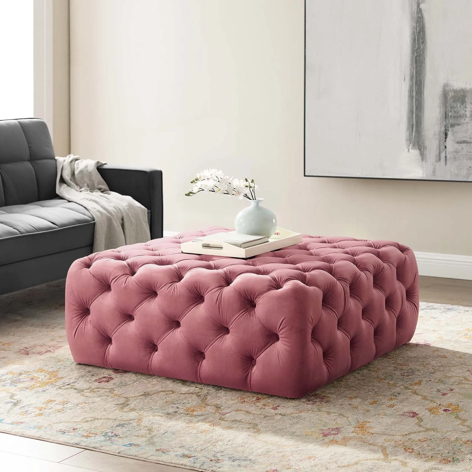 Amour Tufted Button Large Square Performance Velvet Ottoman