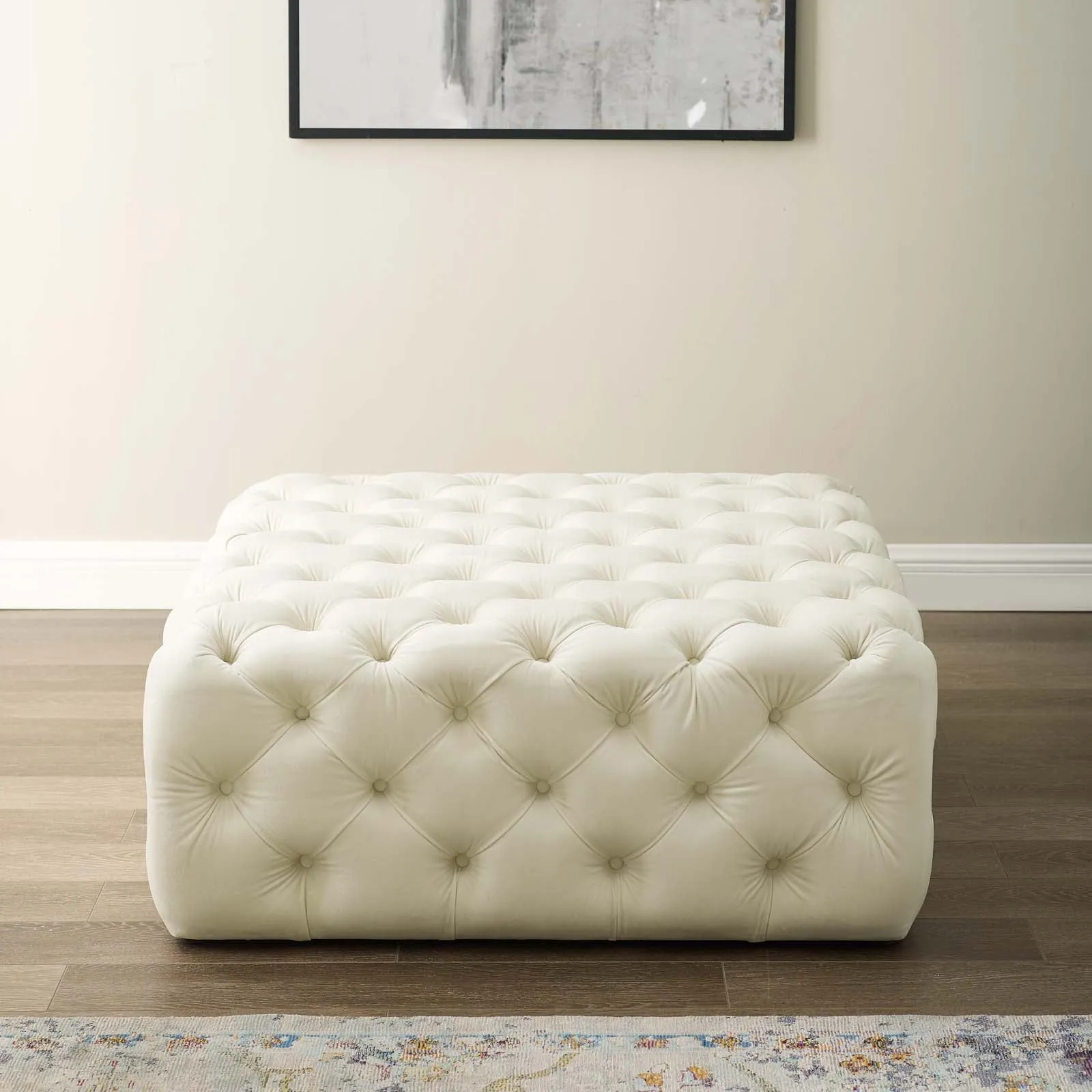 Amour Tufted Button Large Square Performance Velvet Ottoman