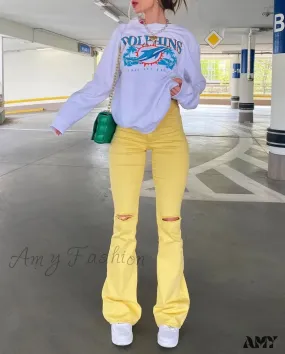 Amy Fashion - Yellow Ripped Women Flare Lady Stretch Vintage High Waist Denim Pants Lady Y2K Punk Streetwear Slim Bell Bottom Trousers Jean