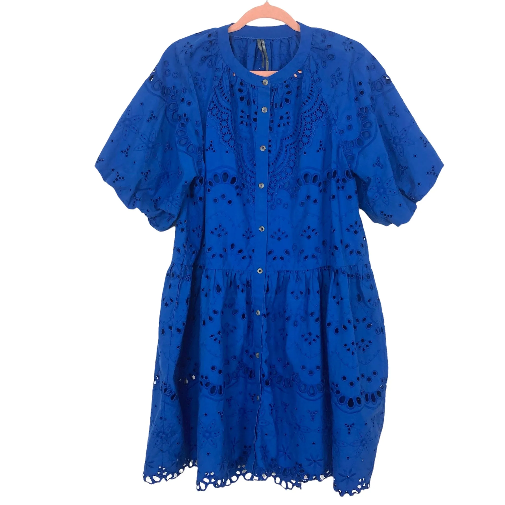 Anthropologie Blue Eyelet Button Up Dress with Slip- Size L