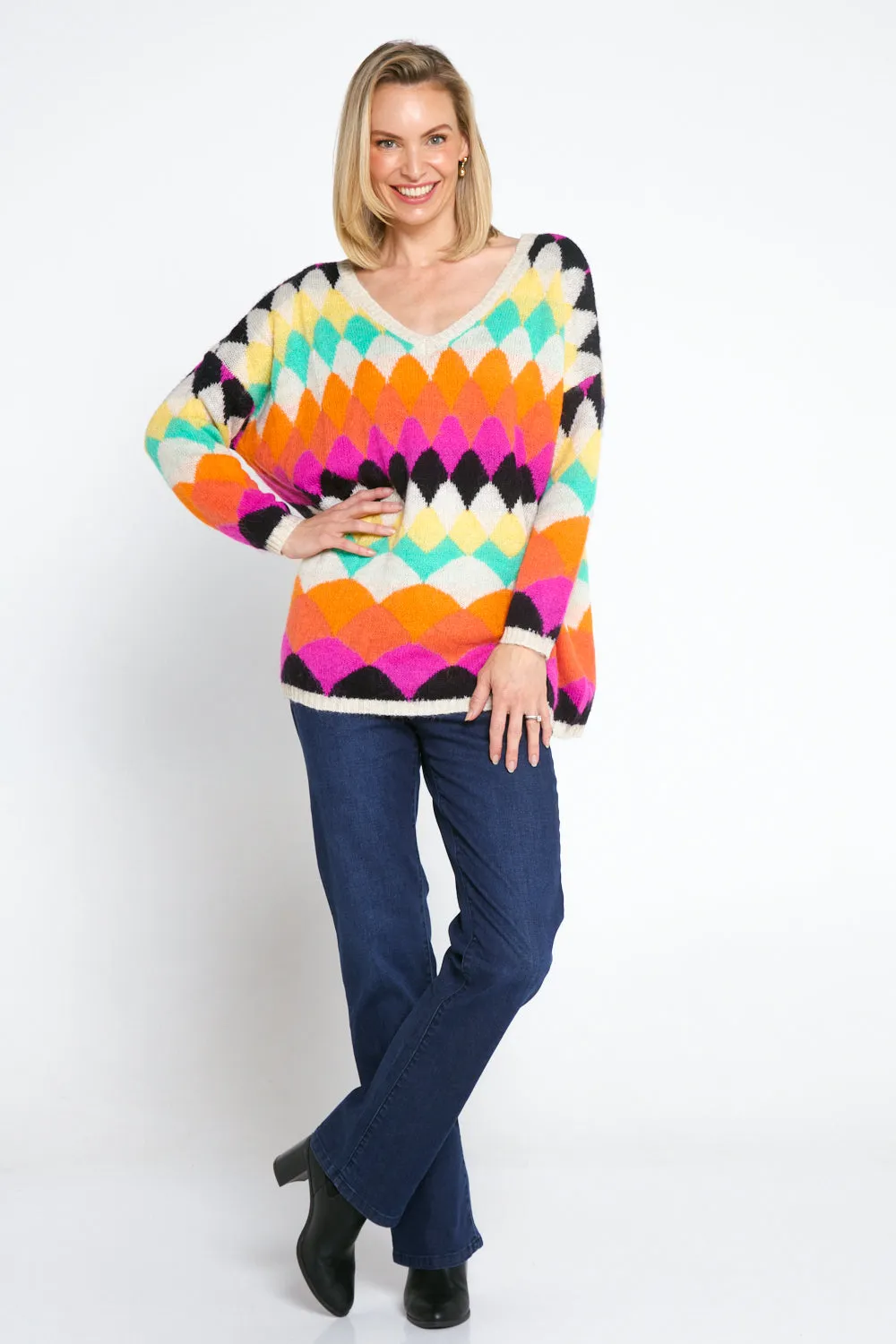 Argyle Knit Jumper - Cream/Rainbow