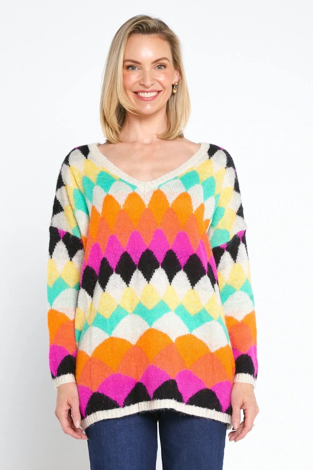 Argyle Knit Jumper - Cream/Rainbow