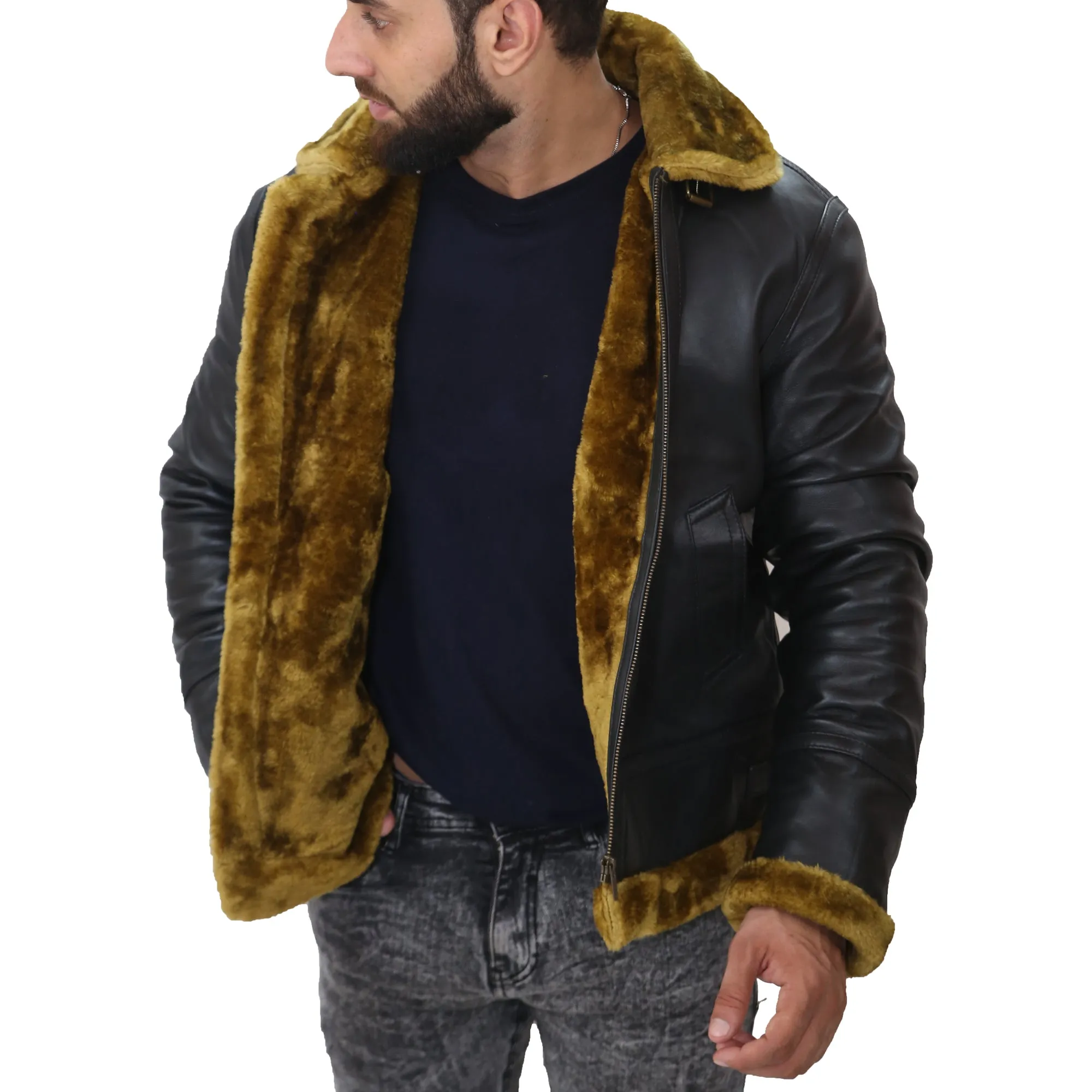 Aviator Fur Bomber Jacket Black Men's Leather Jacket with Faux Fur