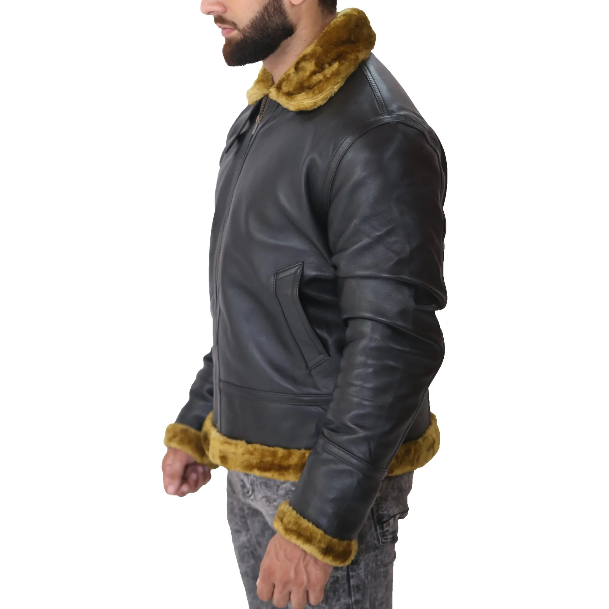 Aviator Fur Bomber Jacket Black Men's Leather Jacket with Faux Fur