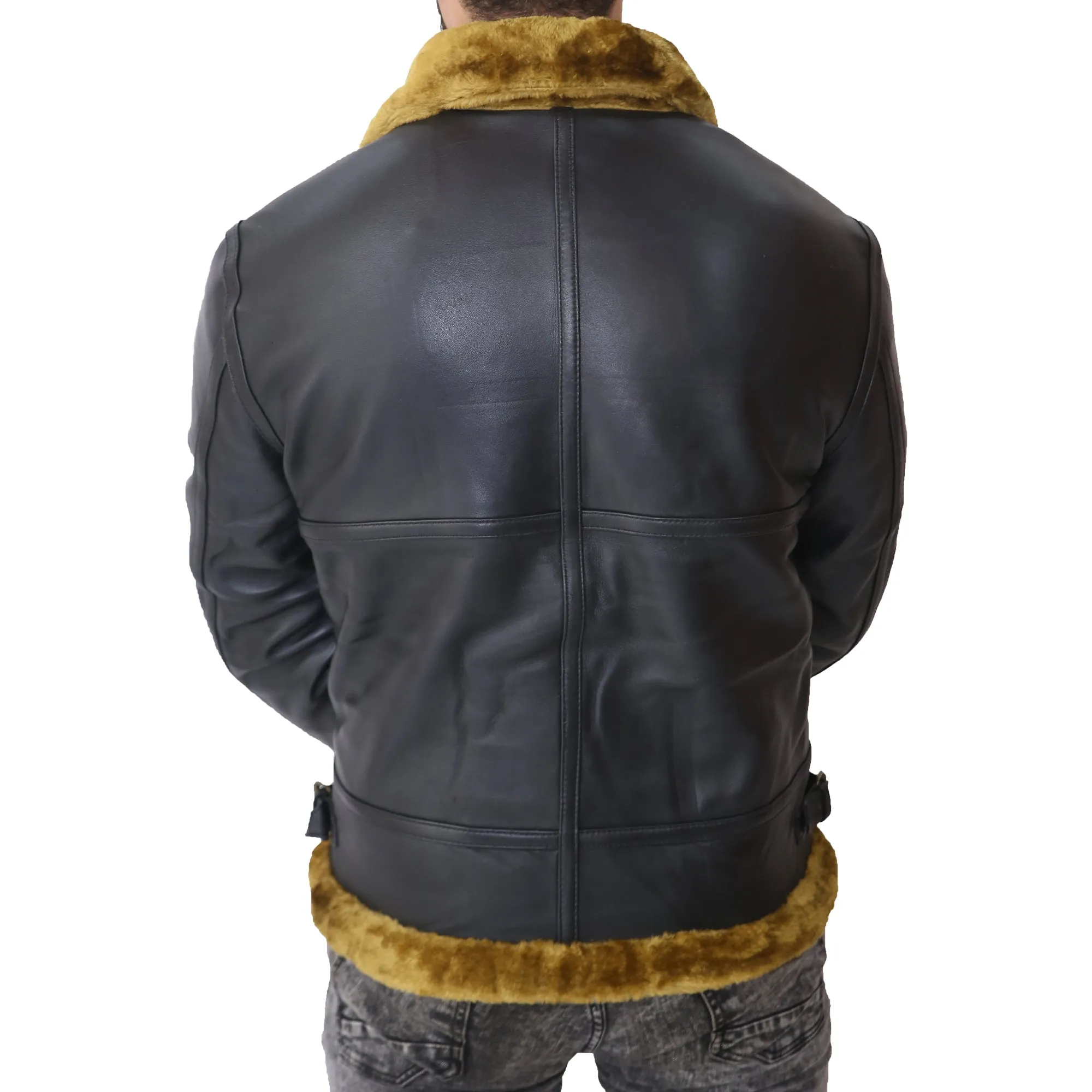 Aviator Fur Bomber Jacket Black Men's Leather Jacket with Faux Fur