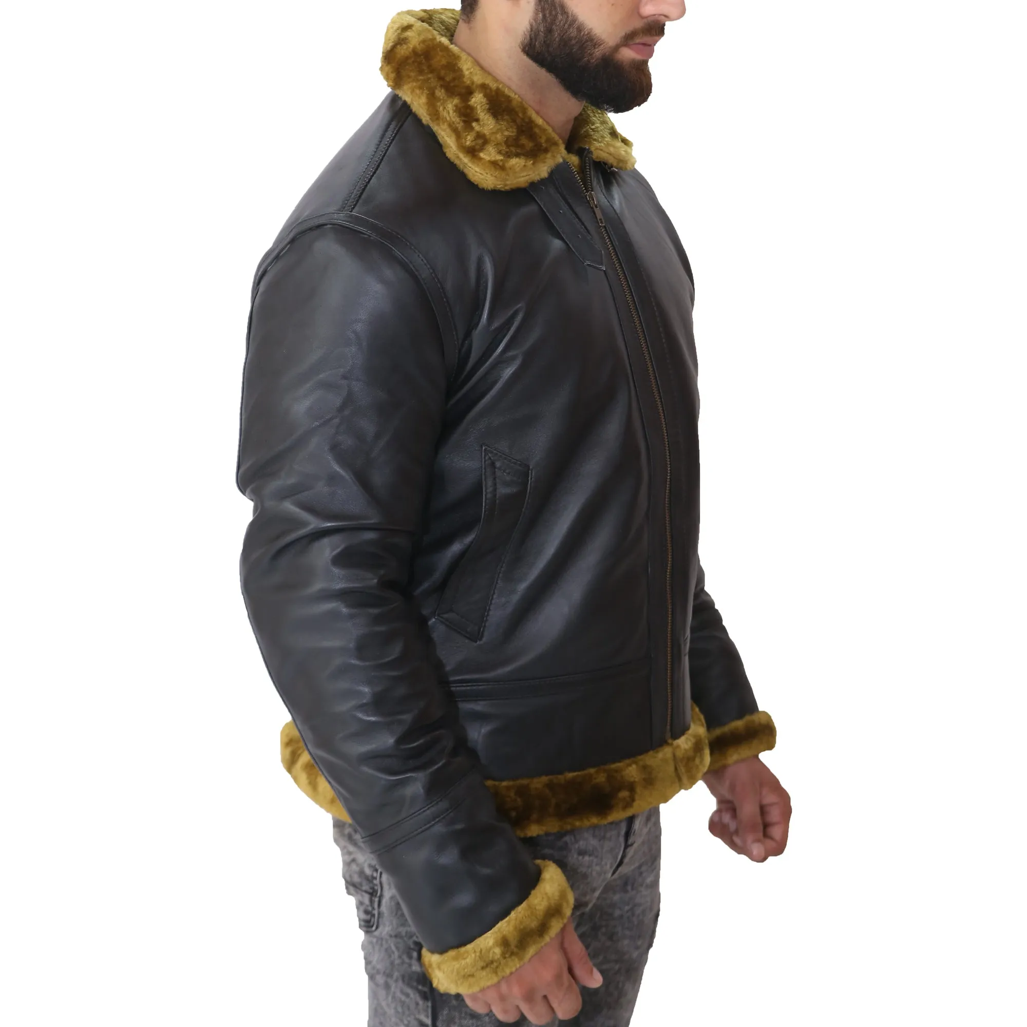 Aviator Fur Bomber Jacket Black Men's Leather Jacket with Faux Fur