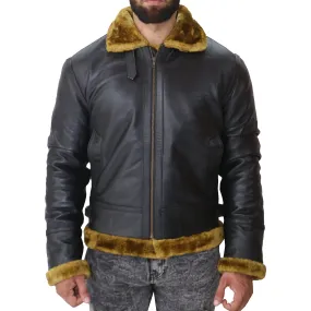 Aviator Fur Bomber Jacket Black Men's Leather Jacket with Faux Fur