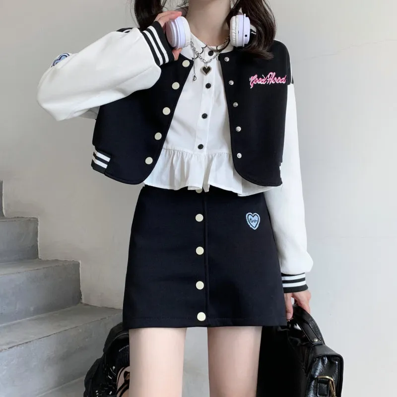 Baseball Letter Jacket & Black Denim Mini Skirt Two Piece Set