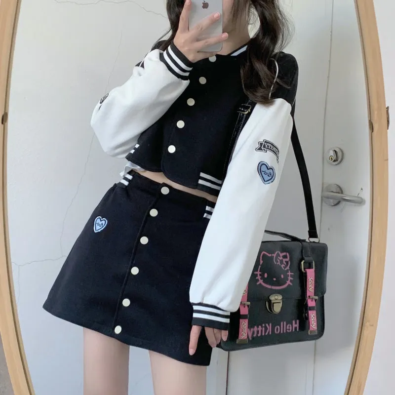 Baseball Letter Jacket & Black Denim Mini Skirt Two Piece Set