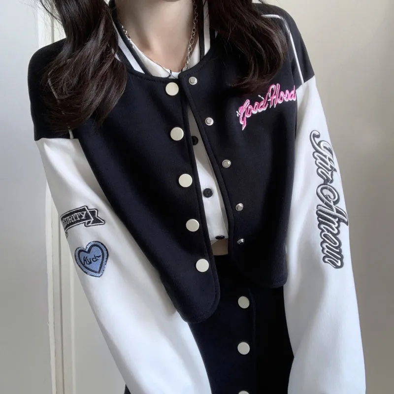 Baseball Letter Jacket & Black Denim Mini Skirt Two Piece Set