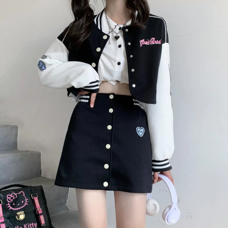 Baseball Letter Jacket & Black Denim Mini Skirt Two Piece Set