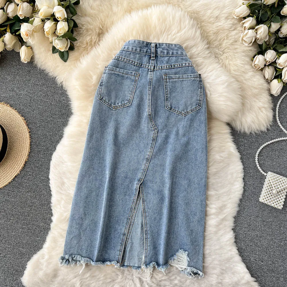 Beading Split Denim Skirts Women High Waist A-line Irregular Jeans Skirts