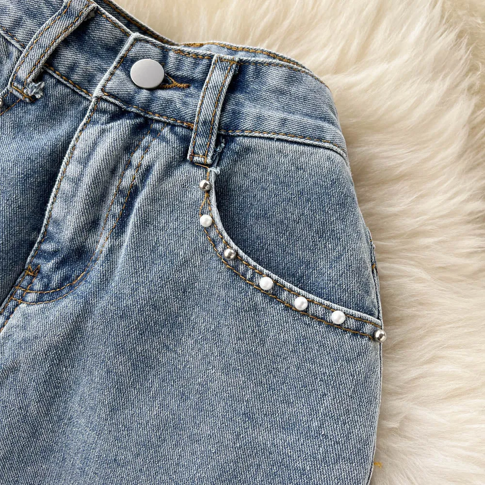 Beading Split Denim Skirts Women High Waist A-line Irregular Jeans Skirts