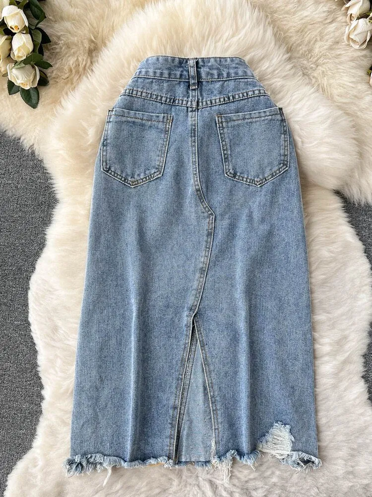 Beading Split Denim Skirts Women High Waist A-line Irregular Jeans Skirts