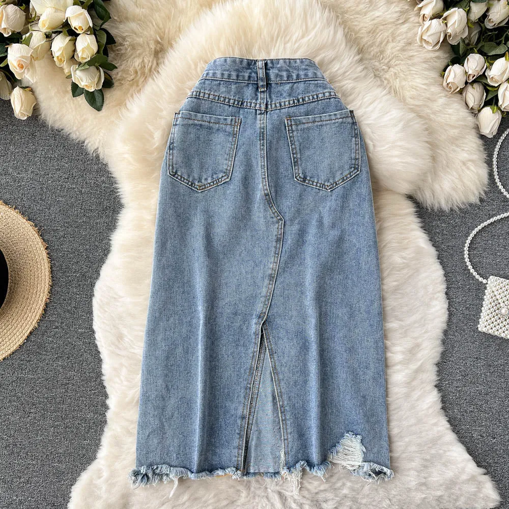 Beading Split Denim Skirts Women High Waist A-line Irregular Jeans Skirts