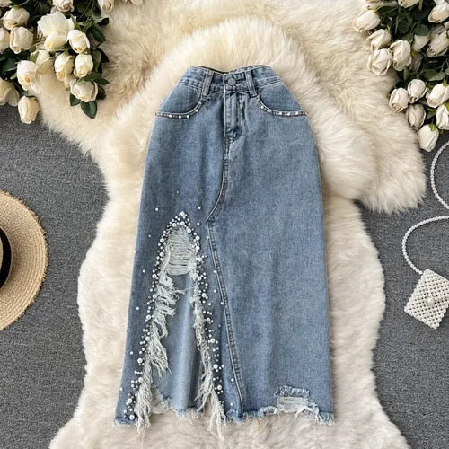 Beading Split Denim Skirts Women High Waist A-line Irregular Jeans Skirts