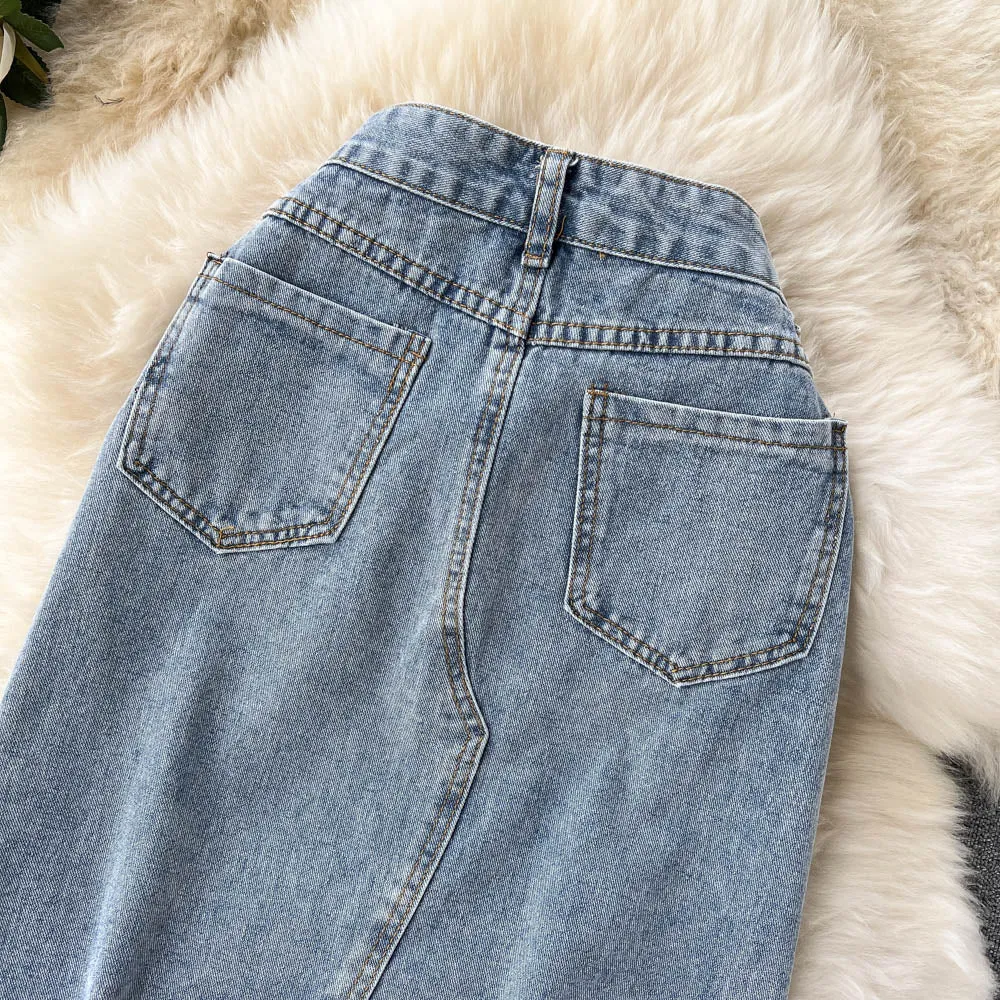 Beading Split Denim Skirts Women High Waist A-line Irregular Jeans Skirts