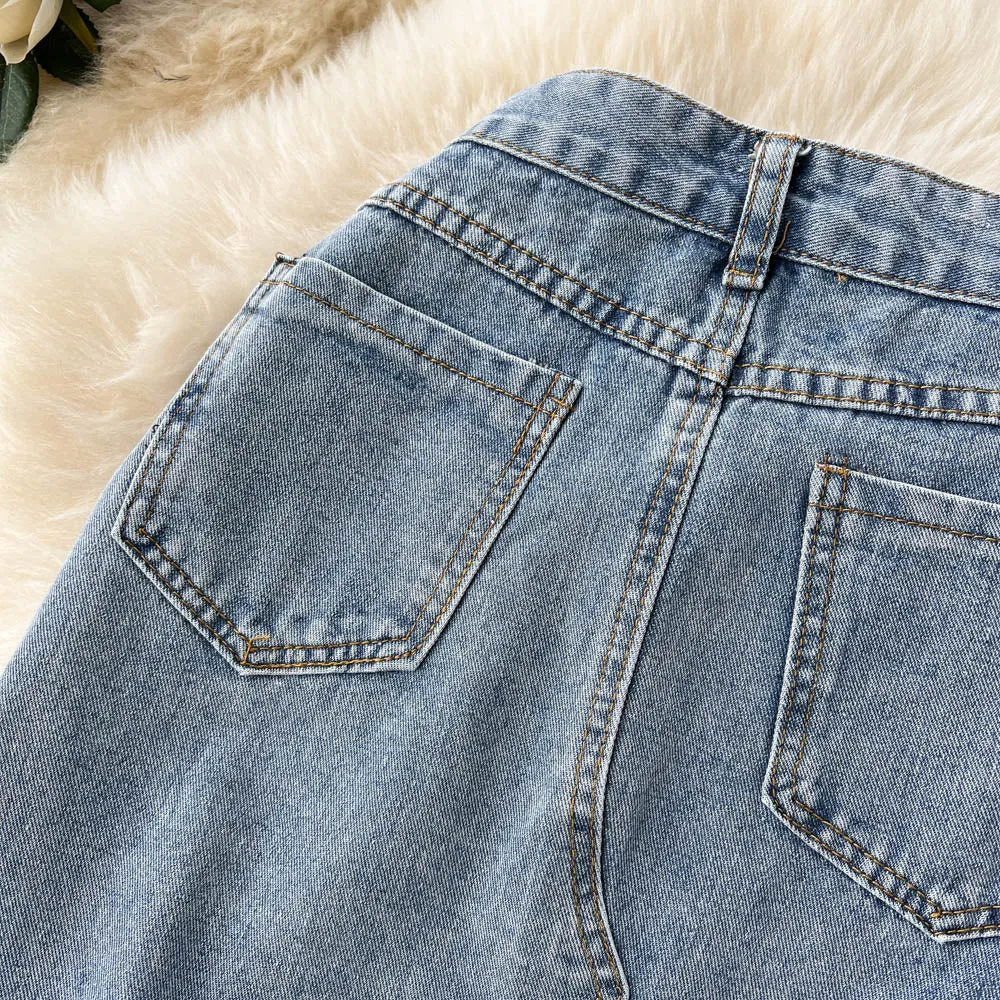 Beading Split Denim Skirts Women High Waist A-line Irregular Jeans Skirts