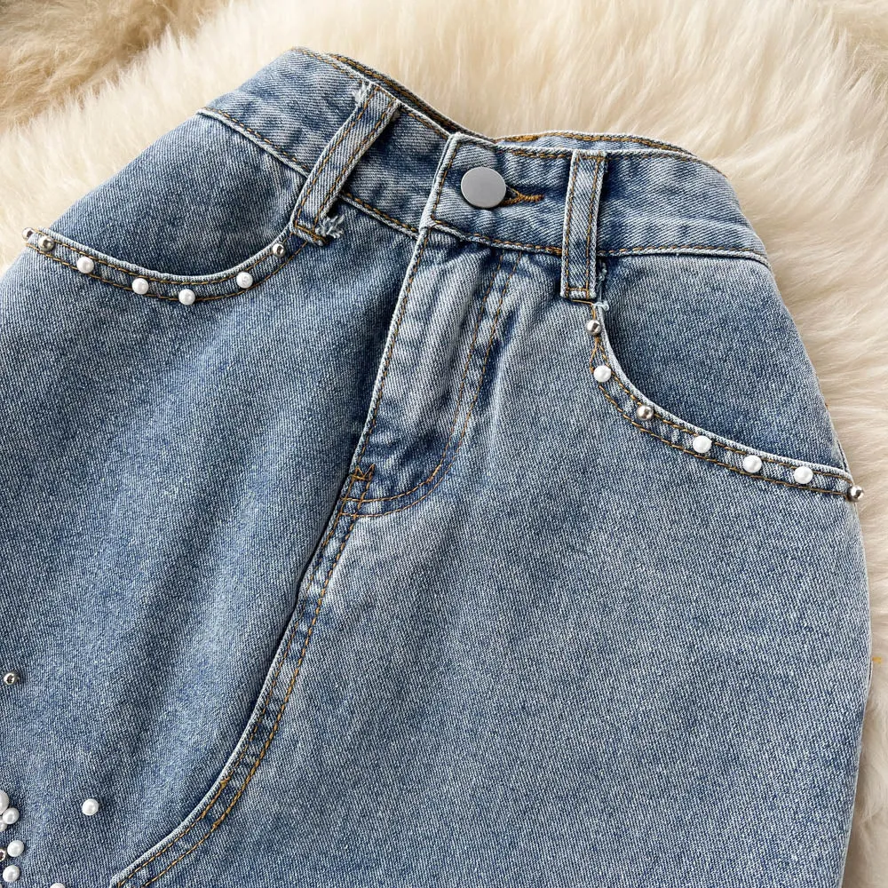 Beading Split Denim Skirts Women High Waist A-line Irregular Jeans Skirts