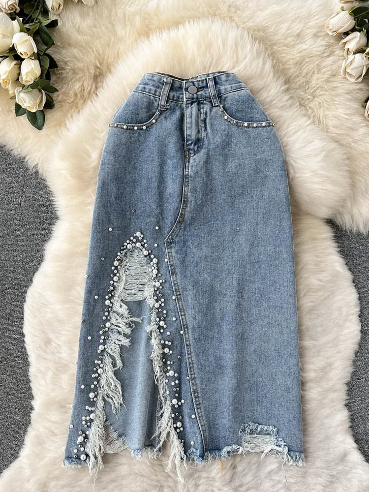 Beading Split Denim Skirts Women High Waist A-line Irregular Jeans Skirts