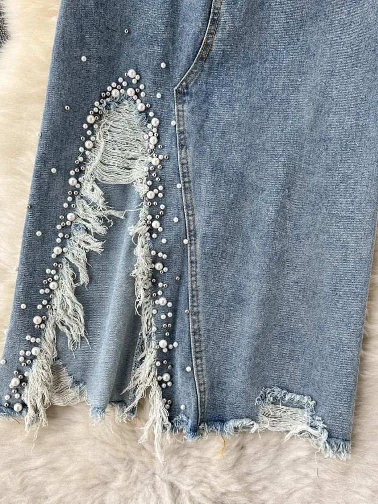 Beading Split Denim Skirts Women High Waist A-line Irregular Jeans Skirts