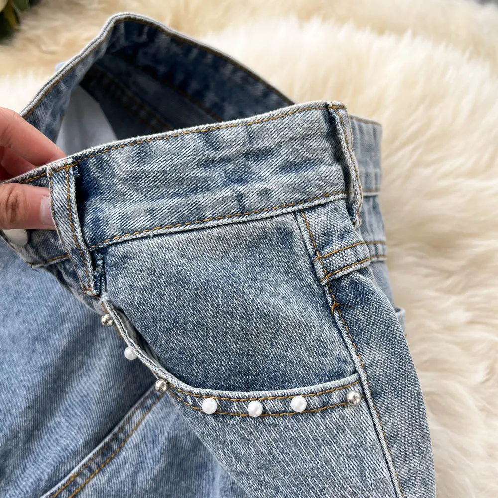 Beading Split Denim Skirts Women High Waist A-line Irregular Jeans Skirts