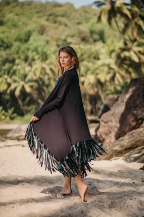 Black Cardigan Decorated with Dark Green Velvet Fringe